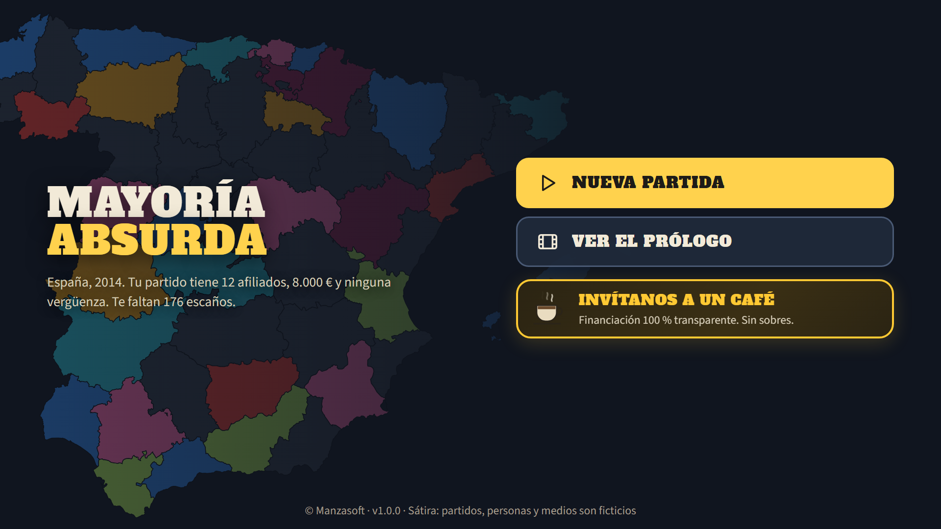 Menú principal de Mayoría Absurda, con el mapa de España de fondo