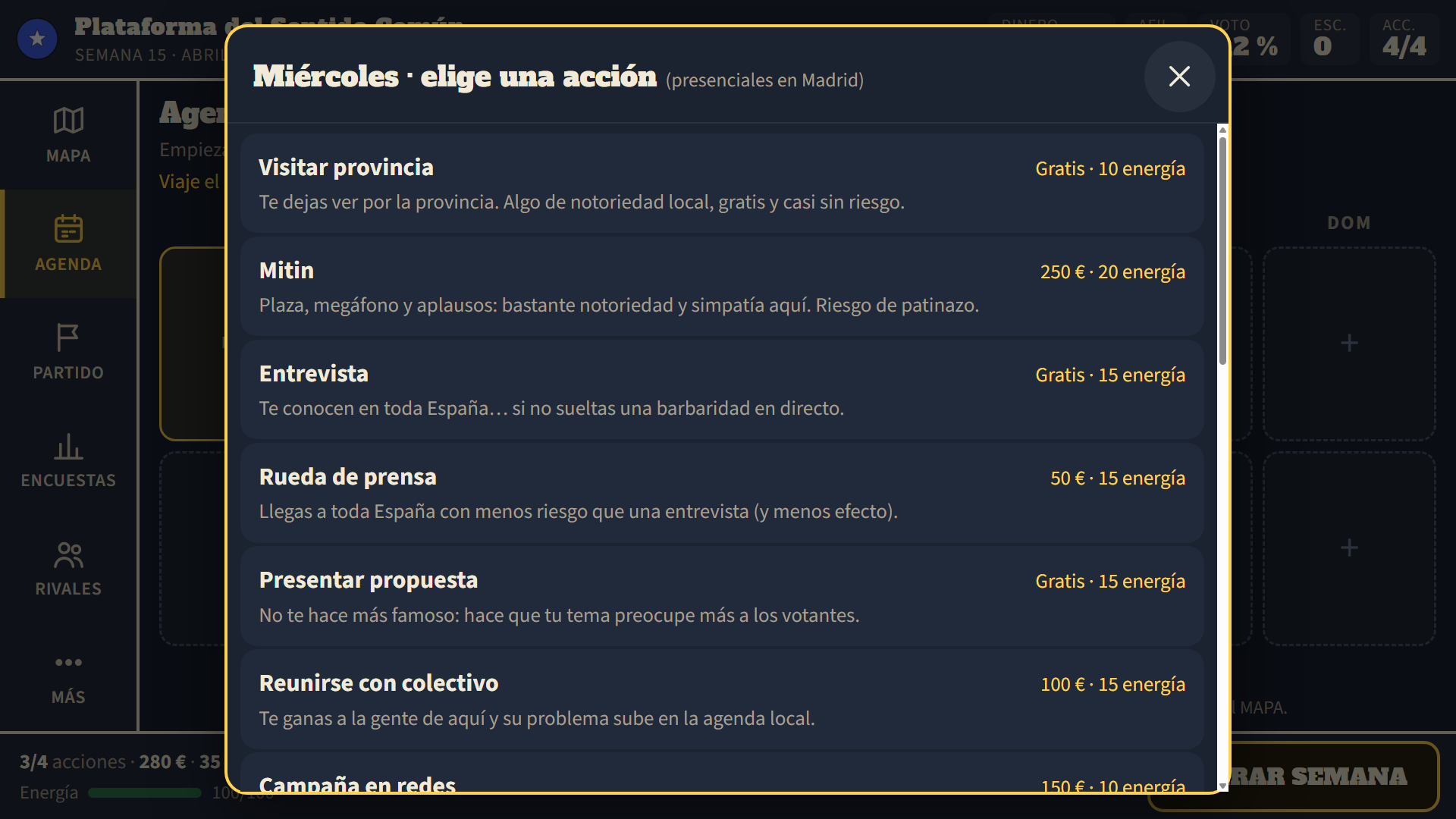 Lista de acciones de un día de campaña: mitin, entrevista, rueda de prensa, presentar propuesta…